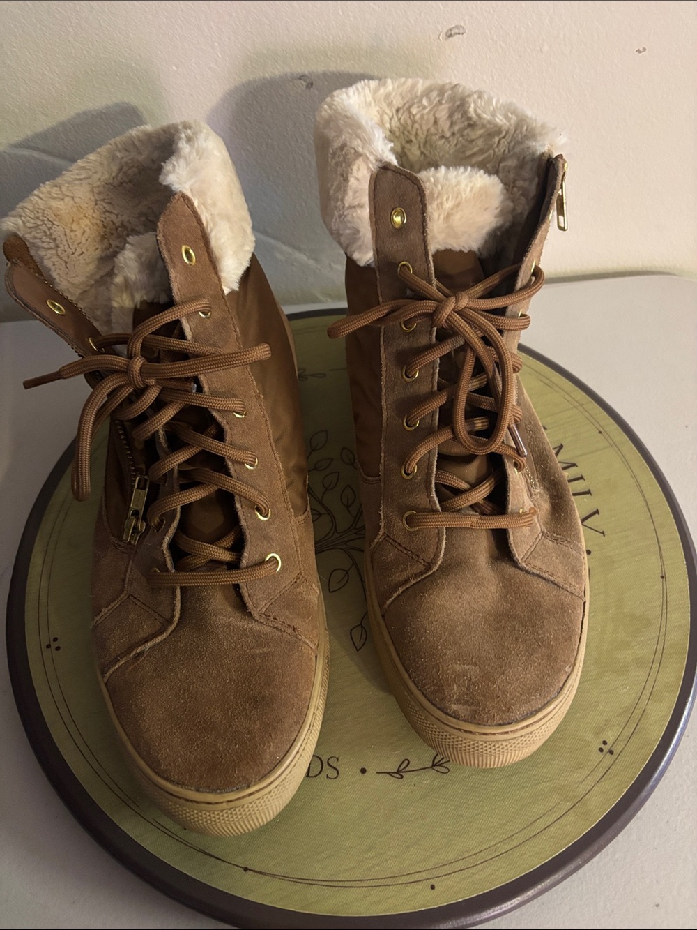 Skechers Brown Suede Lace-Up Faux Shearling Ankle Boots